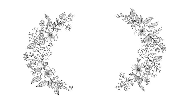 Two elegant hand drawn floral wreath half circles featuring delicate flowers and leaves for wedding or greeting card borders.