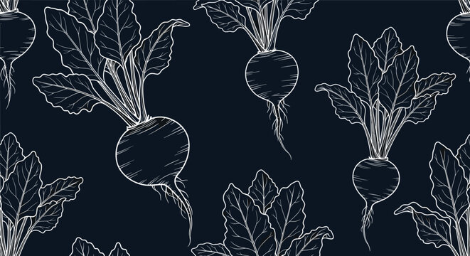 White chalk-style sketches of beetroots with large leaves are repeated on a dark blue background in a kitchen theme pattern.