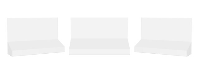 Naklejka premium Three blank cardboard display boxes mockup, front and side view, isolated on white background. Retail shelf or counter display stand for product presentation. Vector illustration