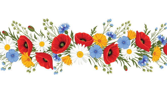 Decorative floral border composed of vibrant red poppies, white daisies, blue cornflowers, and yellow blossoms with green leaves.