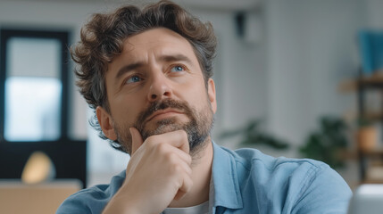 Naklejka premium Moment of contemplation: A close-up shot of a man deep in thought, with a thoughtful expression and a hand resting on his chin, evoking a sense of introspection and focus.