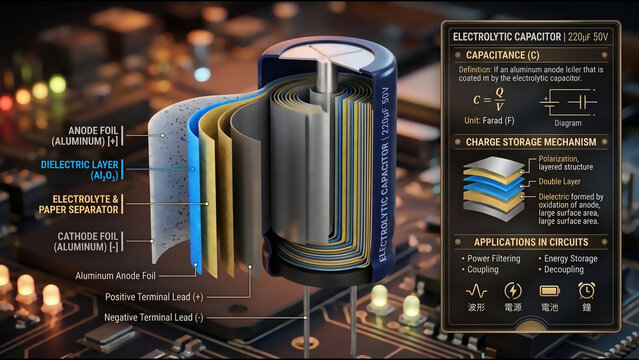 Highly detailed 3D visualization of capacitor electronic component with internal plate structure and labeled parts, cinematic lighting and structured explanation panel describing charge storage and ap