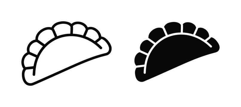 Minimalist dumpling vector icons, black line art and solid silhouette pierogi symbols, traditional gyoza and empanada food graphics for restaurant menus