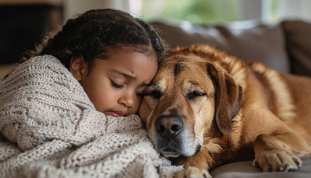 Sad child girl cuddling dog at home, comfort, support and emotional bonding concept
