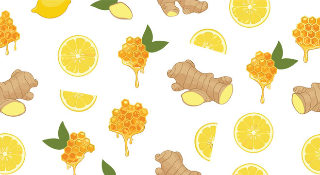 Healthy food seamless pattern featuring golden honeycombs, fresh lemon slices, and ginger roots for natural remedy or tea themes.