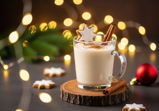 Christmas eggnog with star cookie and cinnamon sticks