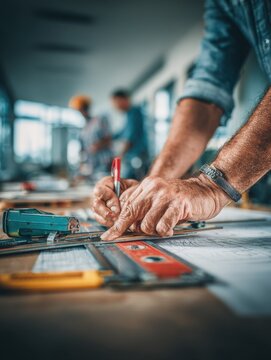 hands using drafting tools