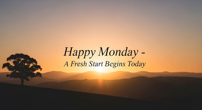 Happy Monday Inspirational Quote on Sunrise Landscape Background with Silhouette Tree