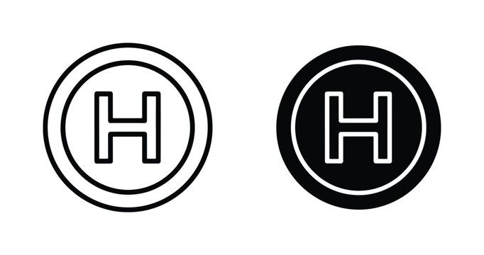 Helipad landing zone icons, helicopter landing pad symbols in circle, black and white aviation vector set for airport navigation and transport maps