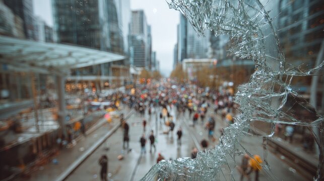 Chaotic dispersal of a large protest rally on a modern plaza surrounded by glass-fronted buildings where some demonstrators are seen kicking in shop doors