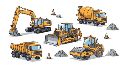 Construction Vehicles Set: Excavator, Bulldozer, Dump Truck, Cement Mixer, Road Roller © Ganjar