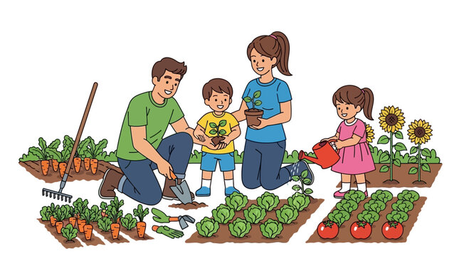 Happy family gardening together, planting vegetables and flowers in a sunny garden.