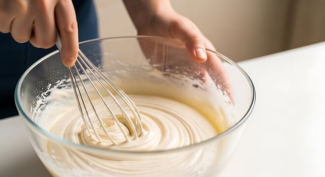 Person whisking smooth batter in a glass bowl for baking