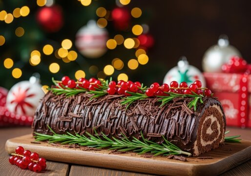 Chocolate yule log cake with berries and rosemary for christmas