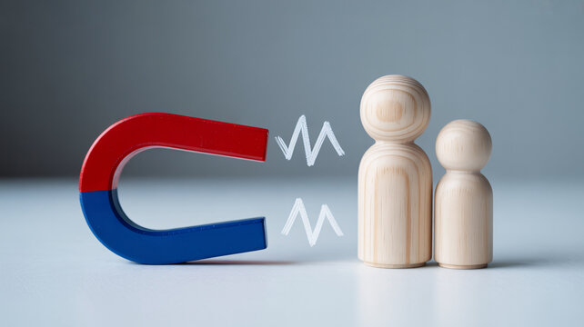 A large magnet attracts two small wooden figures with a subtle electromagnetic pulse effect in the background.