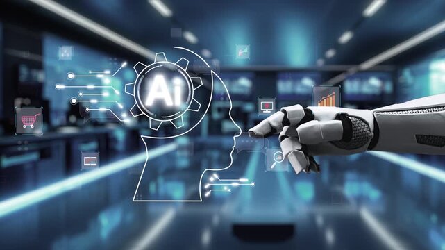 A visually striking video of a robotic hand engaged in a digital interaction with an artificial intelligence concept, set in a modern, high-tech workspace environment. Auvana