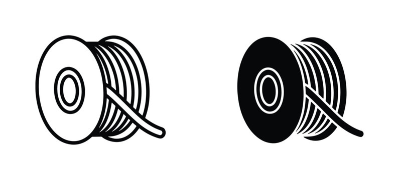 Industrial 3D printer filament spool icons, black and white plastic coil vector set, manufacturing material bobbin for additive manufacturing