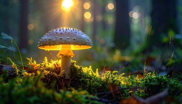 Mystical Amanita Mushroom Bathed in Golden Sunlight Amidst Lush Forest Floor with Dew Drops and Soft Bokeh Background
