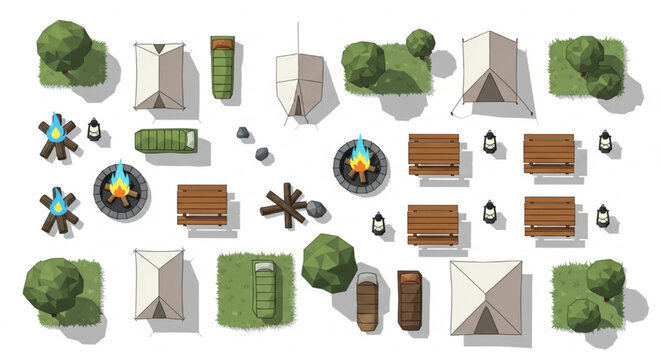 Top View Camping Vector Set with Tents Campfire Picnic Tables Sleeping Bags and Lanterns