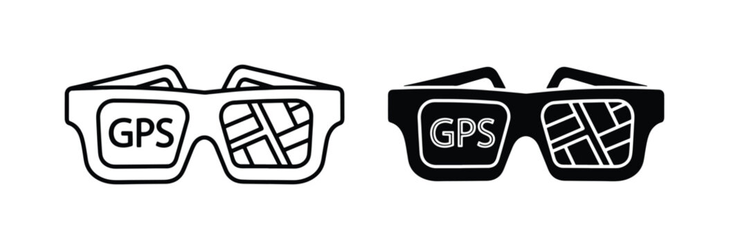 Smart glasses with GPS navigation map interface, augmented reality eyewear icons, wearable technology vector set for travel and wayfinding