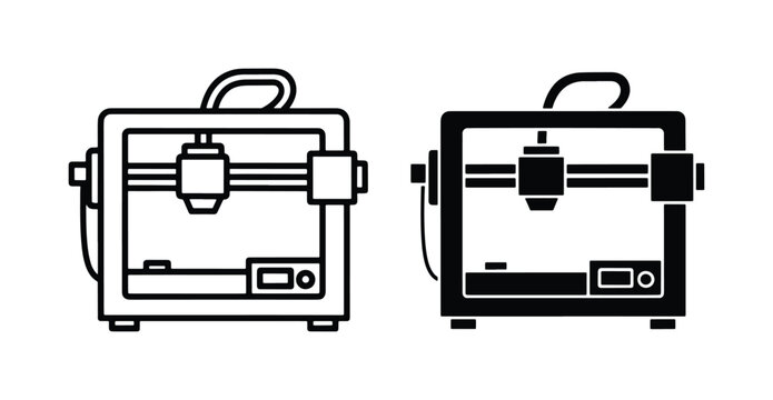 3D printer vector icons, industrial additive manufacturing equipment symbols, black and white rapid prototyping machine graphics for engineering