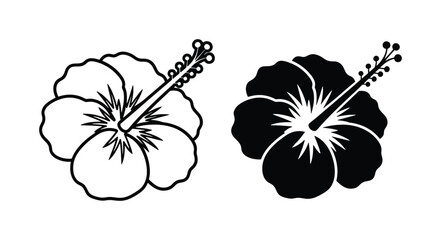 Tropical hibiscus flower vector icons, black and white floral line art, exotic blooming plant silhouettes for summer vacation branding and wedding decor © Arefin