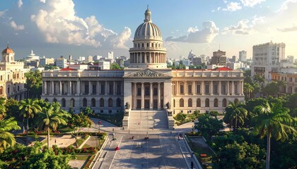 Obraz premium Grand neoclassical capitol building in Havana under bright blue sky with urban skyline