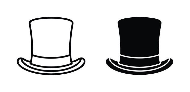 Vintage top hat vector icons, classic gentleman headwear silhouettes, elegant formal fashion accessories for magic shows and weddings