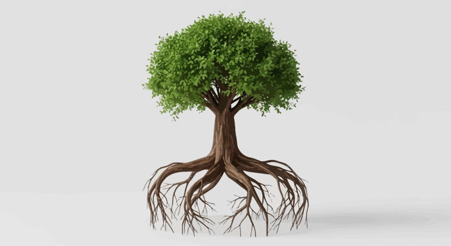 Vibrant Tree with Exposed Root System on White Background