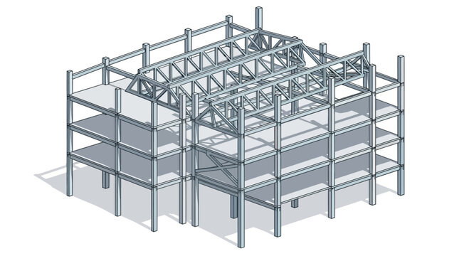 Modern steel frame building construction, 3D model, architectural blueprint, structural engineering