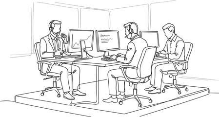 Fototapeta premium Business team working in office with computers and headsets collaboration meeting corporate workflow professional environment line art vector illustration