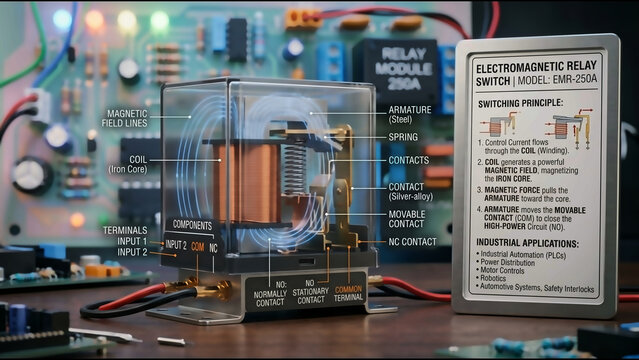 Highly detailed 3D visualization of electromagnetic relay with coil and contact mechanism, cinematic lighting and structured explanation panel describing switching principle in pastel electronic ci...