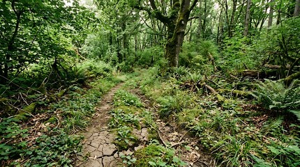 Fototapeta premium Natural Forest Trail with Green Foliage and Cracked Earth Path in Lush Woodland