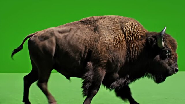 A majestic American bison walks and runs on a green screen, ideal for compositing and visual effects.