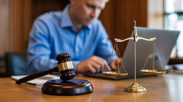 A lawyer working on a laptop with a gavel and scales of justice on the desk in front of him.