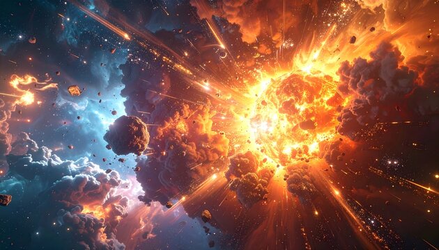 Massive cosmic explosion with bright orange and yellow flames in deep space