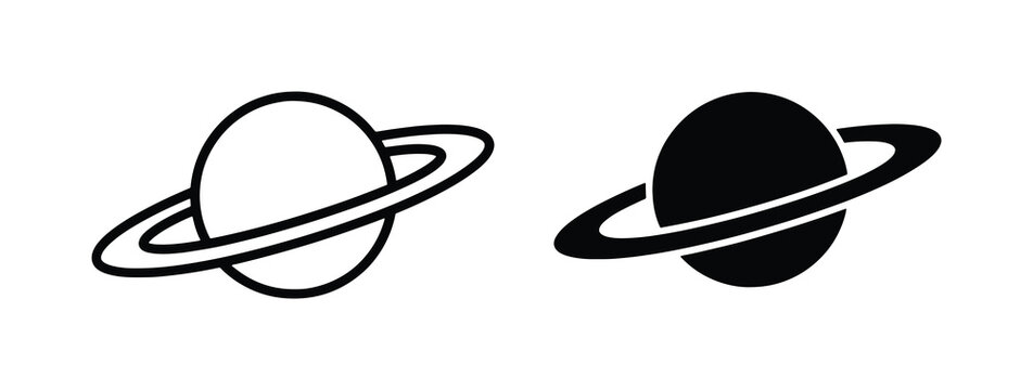 Minimalist Saturn planet icon set, black and white celestial vector symbols, simple ringed planet graphics for astronomy and space design