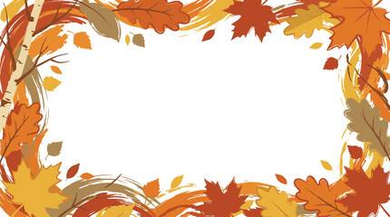 Fototapeta premium A vibrant autumn leaf border with swirling brush strokes and birch branches, framing a blank white space for text or design.