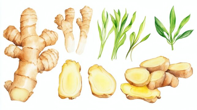 Watercolor illustration of ginger root and slices with green leaves on white background