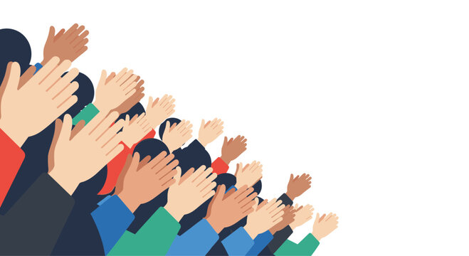 A large group of diverse hands with different skin tones and colorful sleeves are shown clapping together in a synchronized gesture of warm appreciation.