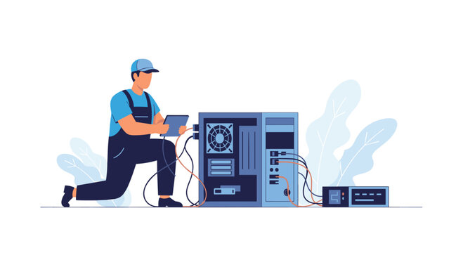 A professional computer technician wearing blue work overalls and a cap kneels on the floor while using a tablet to diagnose a desktop server tower.