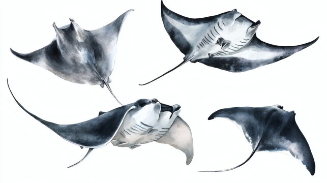 Watercolor illustrations of manta rays and devil rays in blue tones, five stylized ray poses on white background