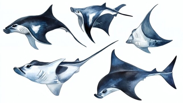 Watercolor illustrations of manta rays and devil rays in blue tones, five stylized ray poses on white background