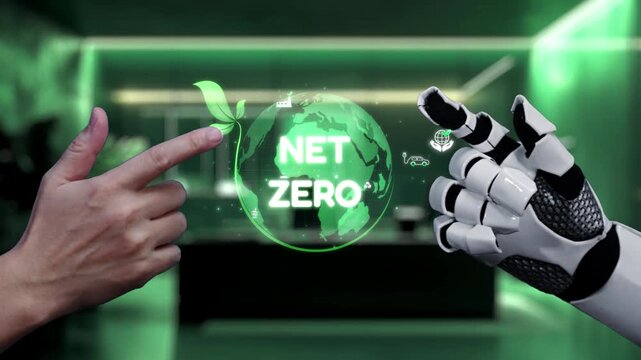 This video depicts a human hand and a robotic hand engaging with a digital globe representing the net zero concept, highlighting innovation in sustainability and technology. Auvana