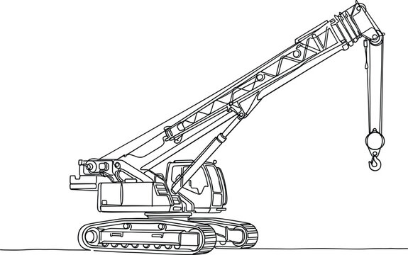 Crawler crane lifting hook heavy construction machinery industrial equipment building site engineering line art vector illustration
