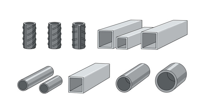 A comprehensive set of grey industrial metal components featuring textured rebar segments, square hollow structural sections, and various round steel pipes and tubes.