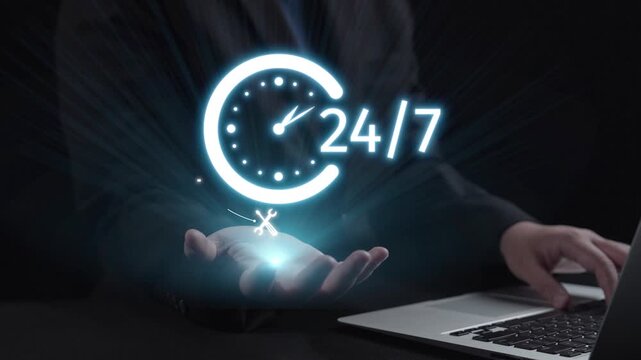 A compelling visual representation of 24 hour customer support availability, featuring glowing clock icons and hands showing digital technology integration for business success. Qubit