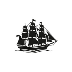 Majestic tall ship sailing on ocean waves vector black silhouette of classic wooden vessel with multiple masts and sails nautical maritime transportation icon isolated on white background. © MDISMAIL