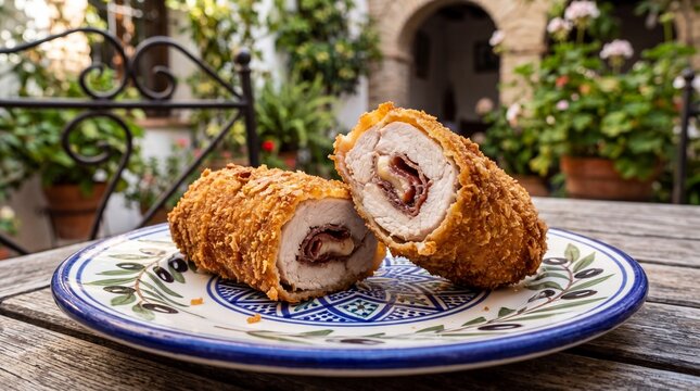 Crispy Flamenquin pork roll served on a decorative plate in a Cordoba patio.