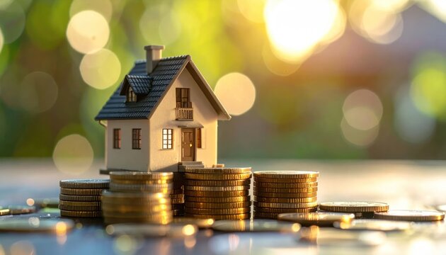 Miniature House on Stacked Coins Symbolizing Real Estate Investment Growth.